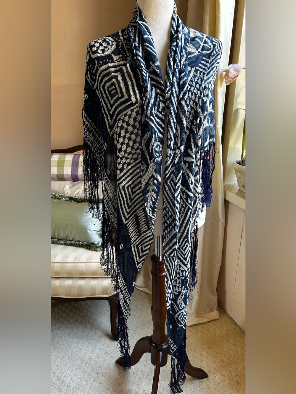 OOAK Ralph Lauren Silk Chiffon Triangular Batik Shawl w/ Silk Fringe